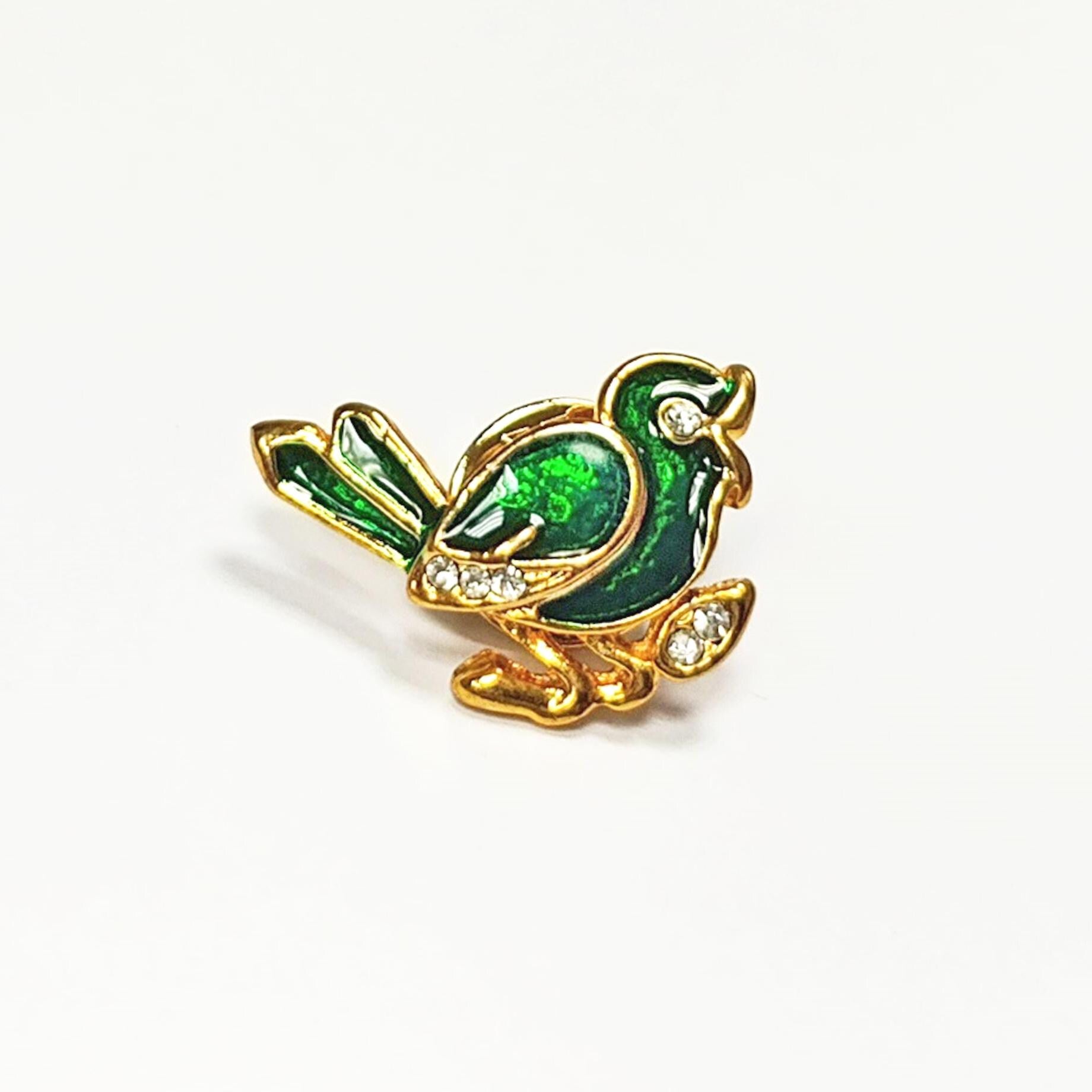 Green Enamel Sparrow Pin • Gilding Gold Bird Brooch