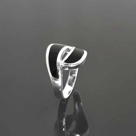Black Waves Ring, Sterling Silver, Black Onyx Stone Jewelry, Modern Geometric Bypass Curved Comma Wave Design, Inlay Stones