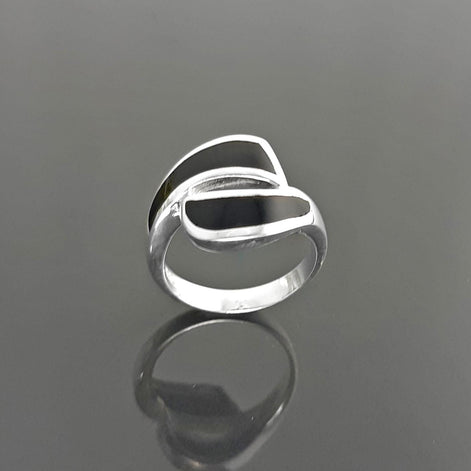 Black Waves Ring, Sterling Silver, Black Onyx Stone Jewelry, Modern Geometric Bypass Curved Comma Wave Design, Inlay Stones