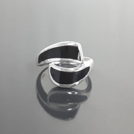 Black Waves Ring, Sterling Silver, Black Onyx Stone Jewelry, Modern Geometric Bypass Curved Comma Wave Design, Inlay Stones