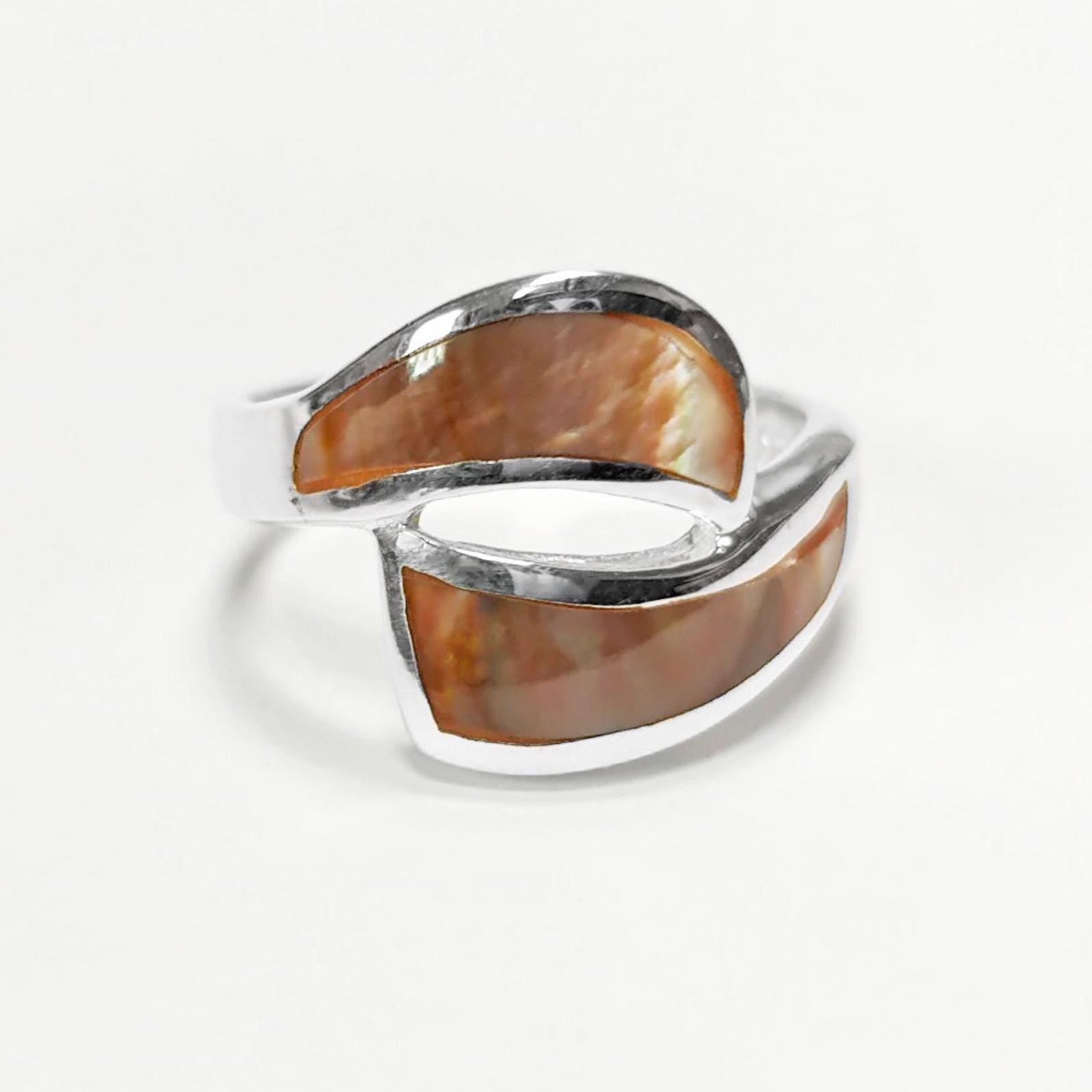 Comma Ring, Sterling Silver, GENUINE Brown Paua Shell, Bypass Popular Dainty Ring, Copper Rainbow Highlights, Geometric Jewelry