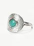 Turquoise Amazonite Ring, Sterling Silver, Geometric Round Flat Hammered Disc, Blue Green Cabochon Stone, Dainty Modern Minimalist Jewelry