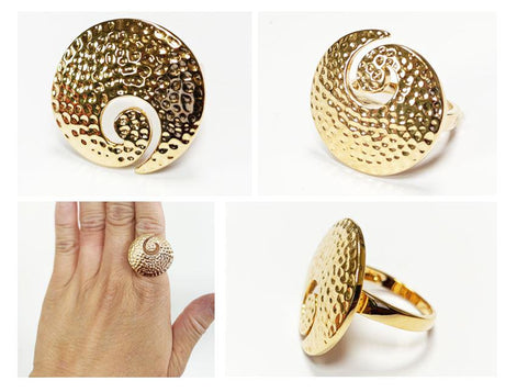 18K Gold Plated Ring • Hammered Big Disc Ring, Spiral Swirl Design, Fashion Jewelry for Women