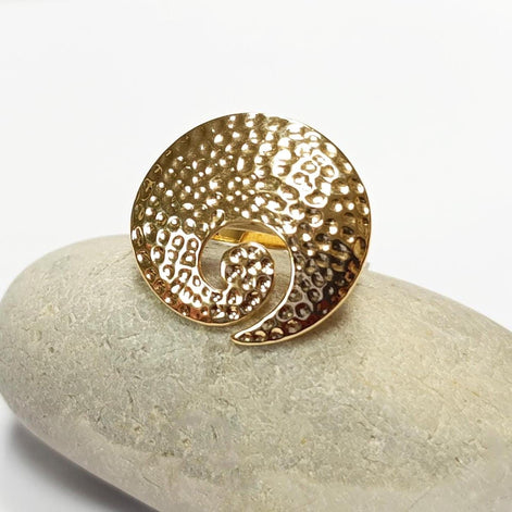 18K Gold Plated Ring • Hammered Big Disc Ring, Spiral Swirl Design, Fashion Jewelry for Women