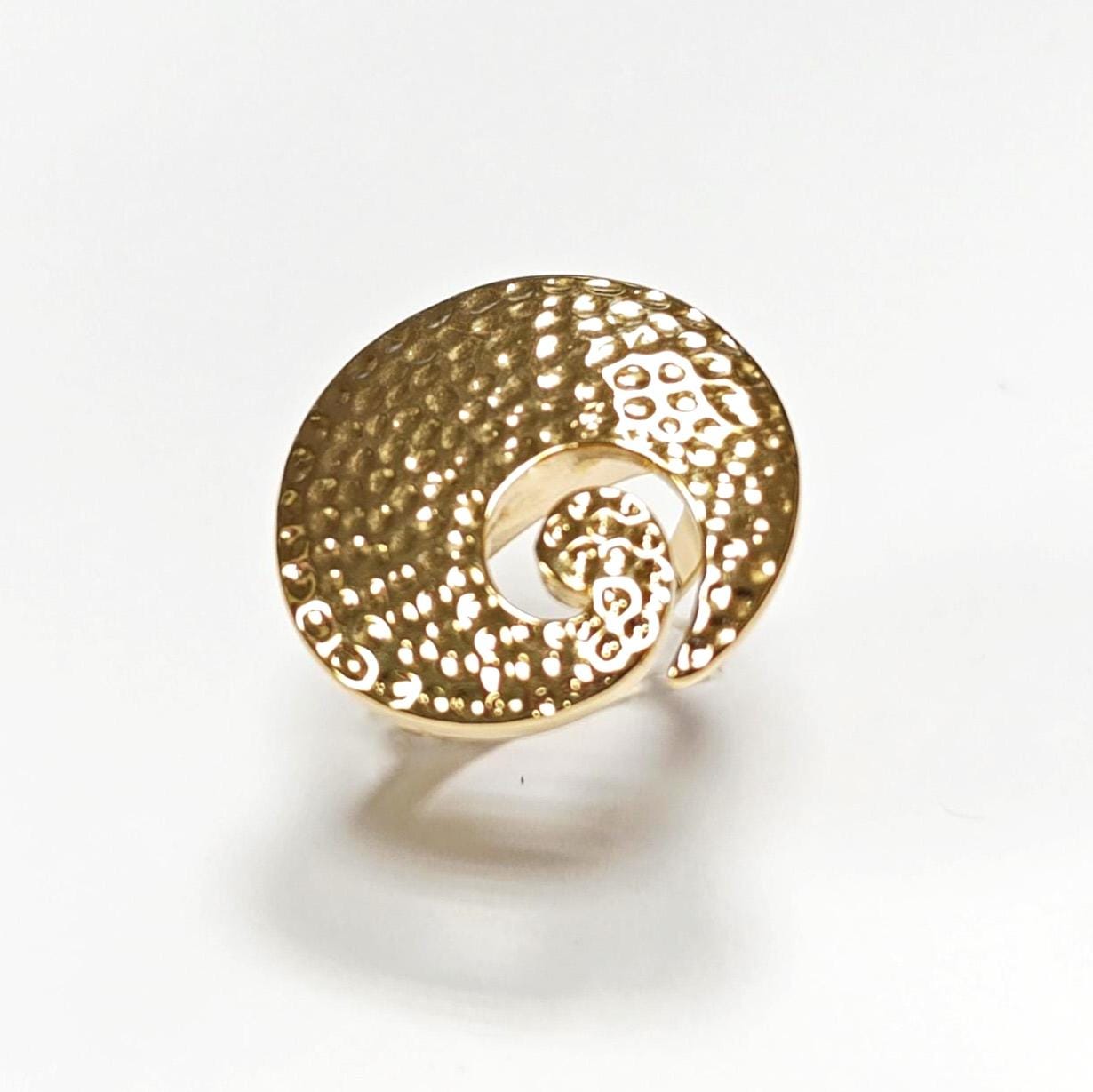 18K Gold Plated Ring • Hammered Big Disc Ring, Spiral Swirl Design, Fashion Jewelry for Women