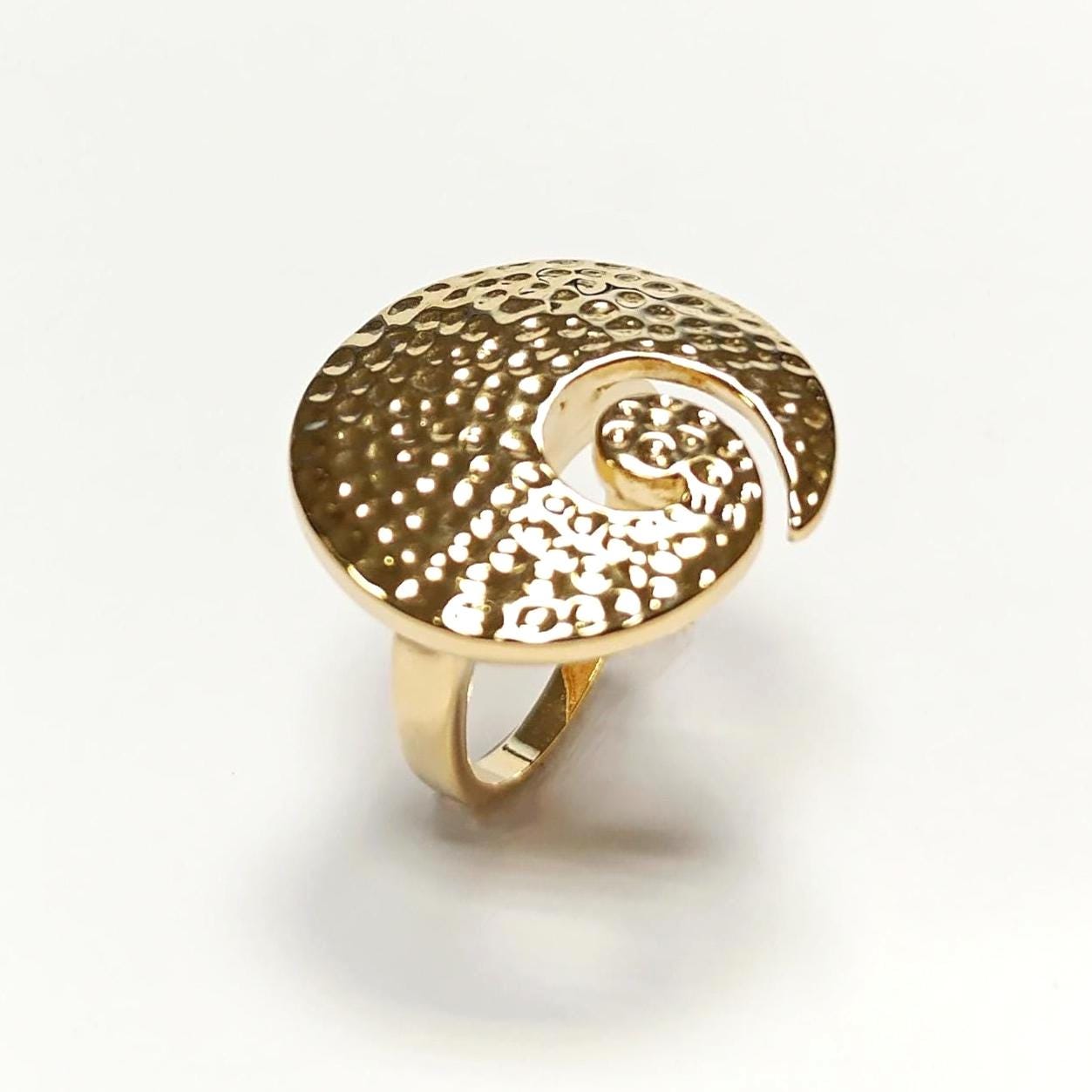 18K Gold Plated Ring • Hammered Big Disc Ring, Spiral Swirl Design, Fashion Jewelry for Women