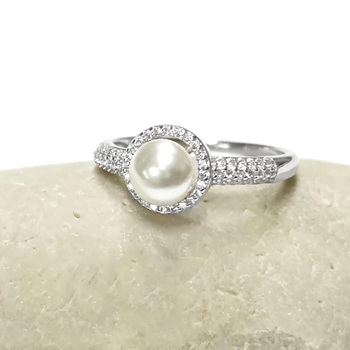 Halo Pearl Ring, Sterling Silver 925, Zirconia Accents