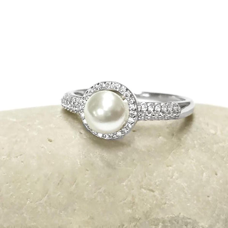 Halo Pearl Ring, Sterling Silver 925, Zirconia Accents