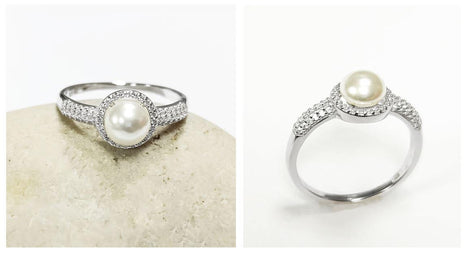 Halo Pearl Ring, Sterling Silver 925, Zirconia Accents