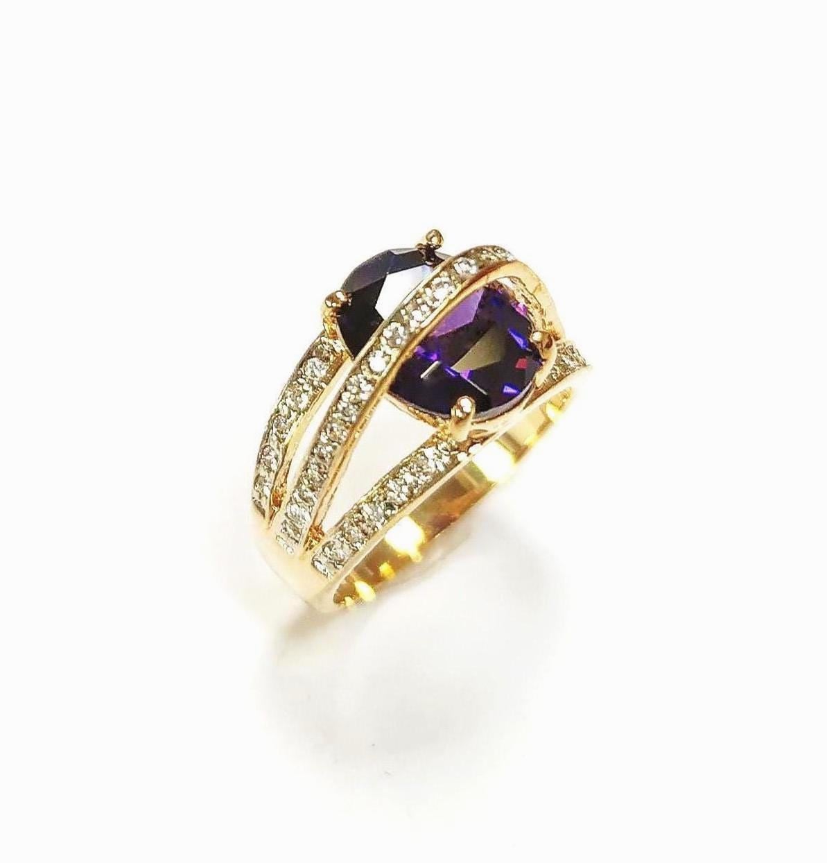 Amethyst Gold Ring, Luxurious Diamond Pave Band, Cocktail Jewelry, Statement Gift