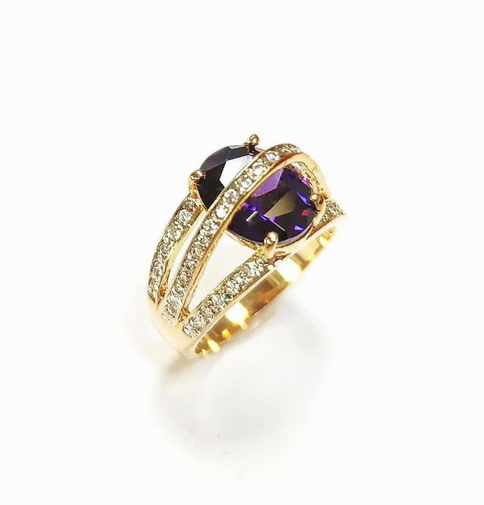 Amethyst Gold Ring, Luxurious Diamond Pave Band, Cocktail Jewelry, Statement Gift