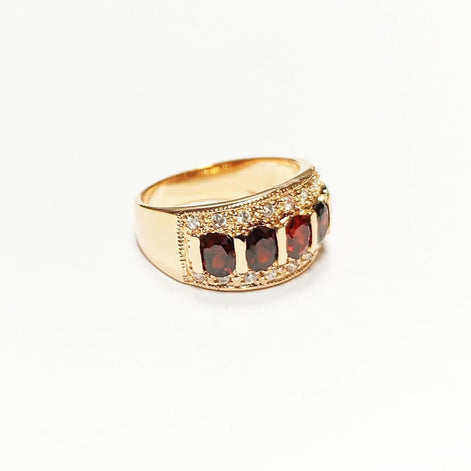 Garnet Gold Band Ring, Elegant 18K Gold-Plated Red CZ January Birthstone Jewelry, Luxurious Statement Cocktail Wedding, Birthday Gift