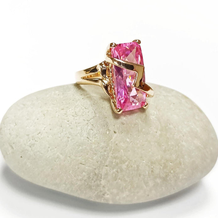 Pink Statement Ring • 18K Gold Plated • Modern Baguette Cut Cz Stone • Elegant Cocktail Jewelry with Chevron Accent • Ideal Gift for Women.