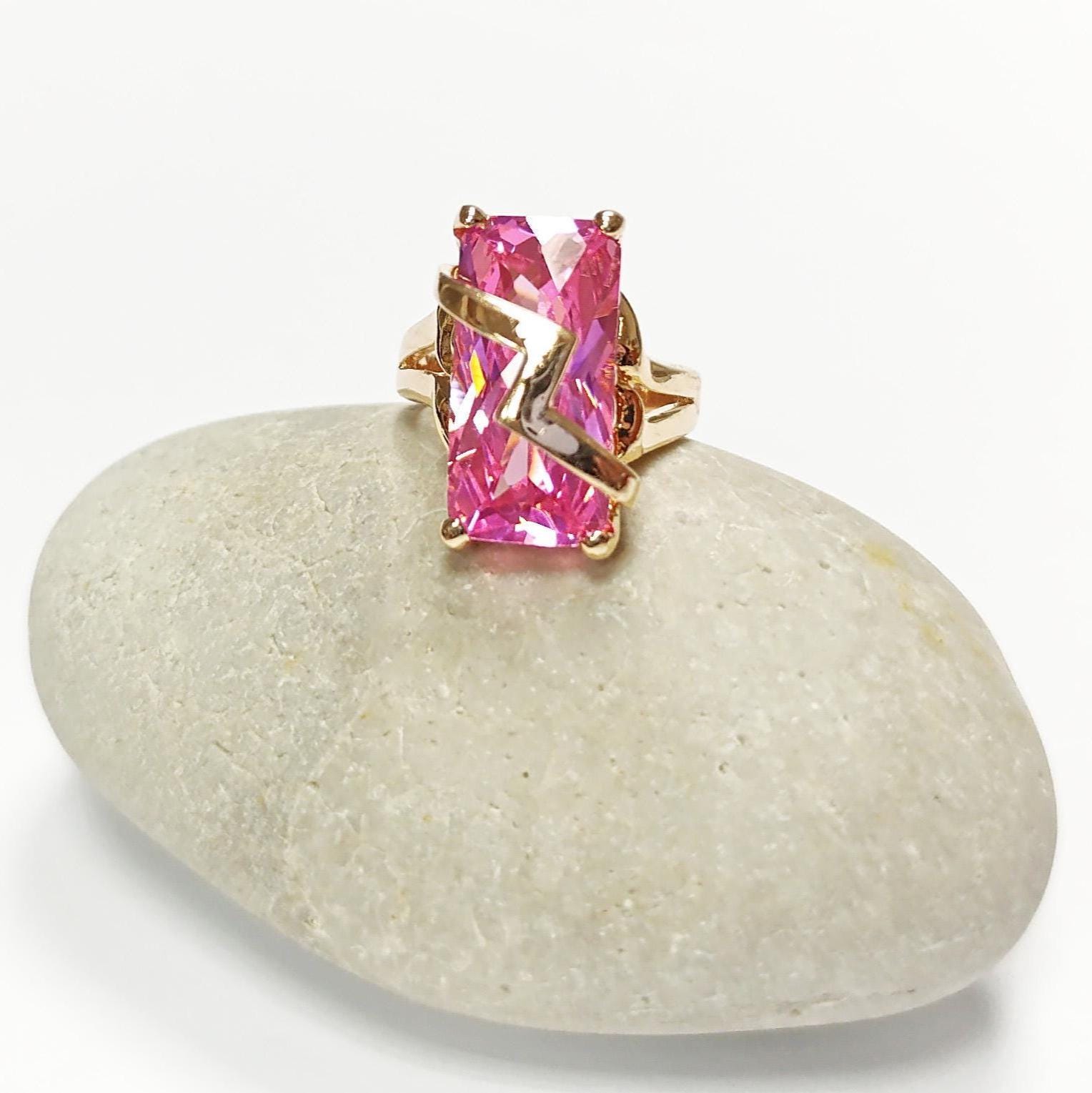 Pink Statement Ring • 18K Gold Plated • Modern Baguette Cut Cz Stone • Elegant Cocktail Jewelry with Chevron Accent • Ideal Gift for Women.