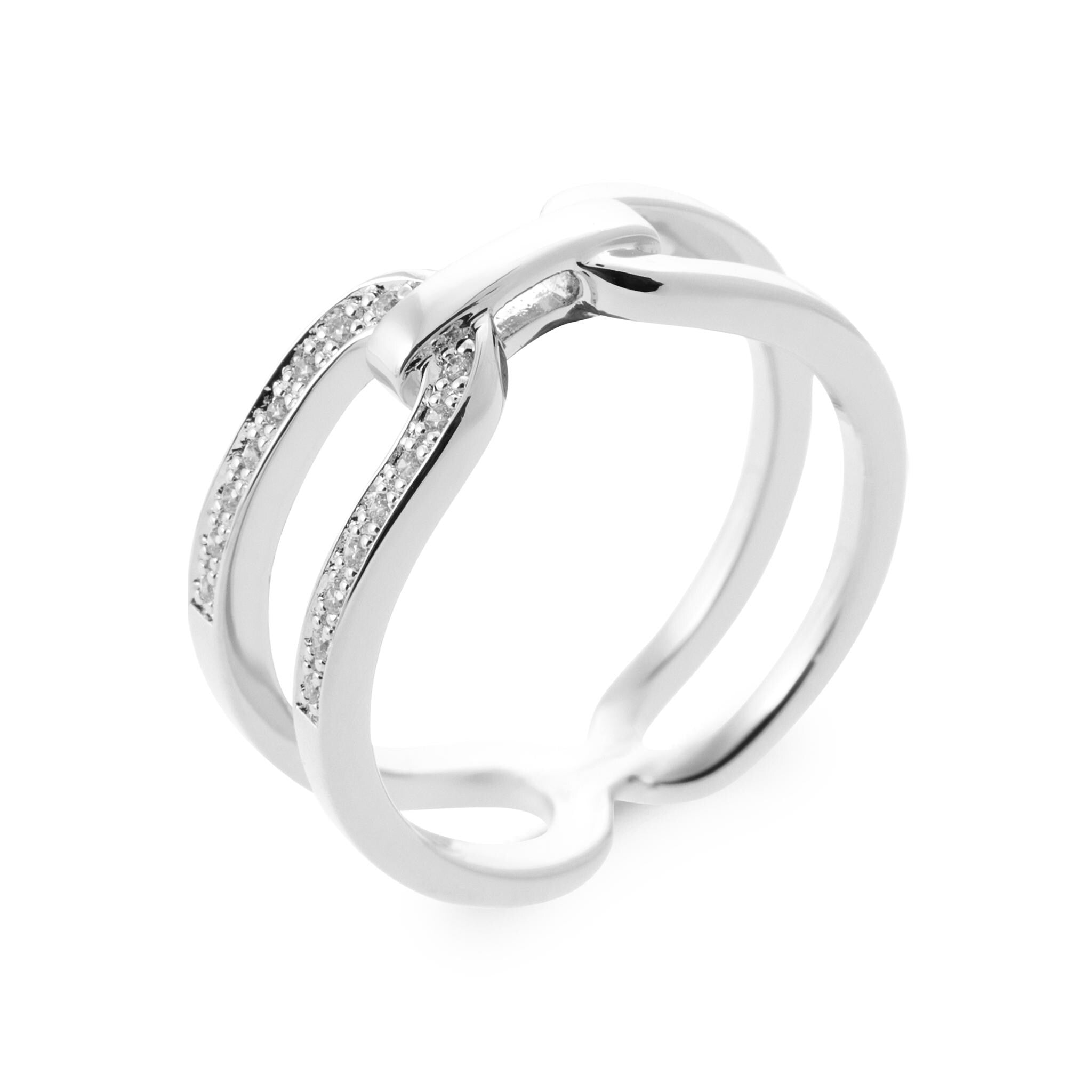 Sterling Silver Double Band Link Ring • Pavé CZ Statement Jewelry