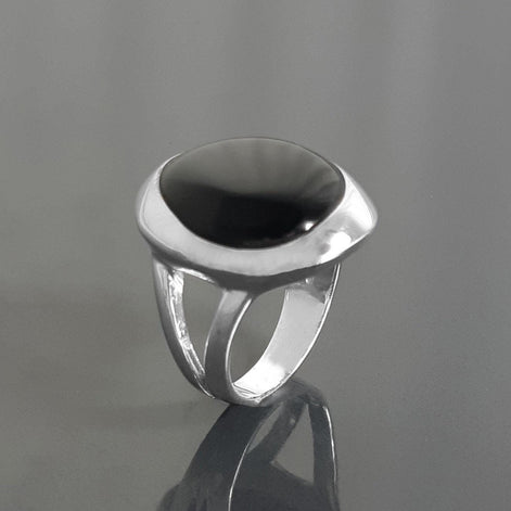 Black stone Ring, Sterling Silver, Genuine Black Onyx gemstone, unique modern shape design jewelry