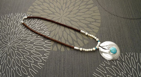 Turquoise Fish Necklace, Sterling Silver & Turquoise Stone Pendant, Engraved Asian Koi Fish Design, Leather Torque, Boho Bib Necklace