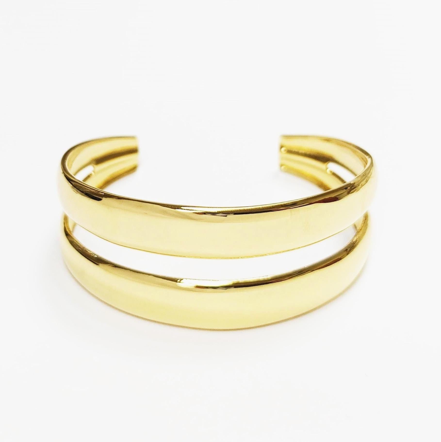 Double Row Gold Cuff • 18K Gold Filled • Modern Stacked Two Rows Band Lines Open Bangle • Statement Minimalist Jewelry • Gift for Women
