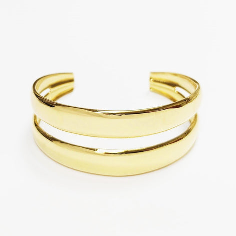Double Row Gold Cuff • 18K Gold Filled • Modern Stacked Two Rows Band Lines Open Bangle • Statement Minimalist Jewelry • Gift for Women