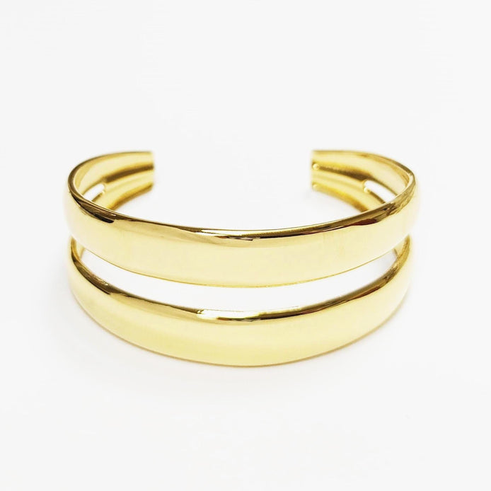 Double Row Gold Cuff • 18K Gold Filled • Modern Stacked Two Rows Band Lines Open Bangle • Statement Minimalist Jewelry • Gift for Women
