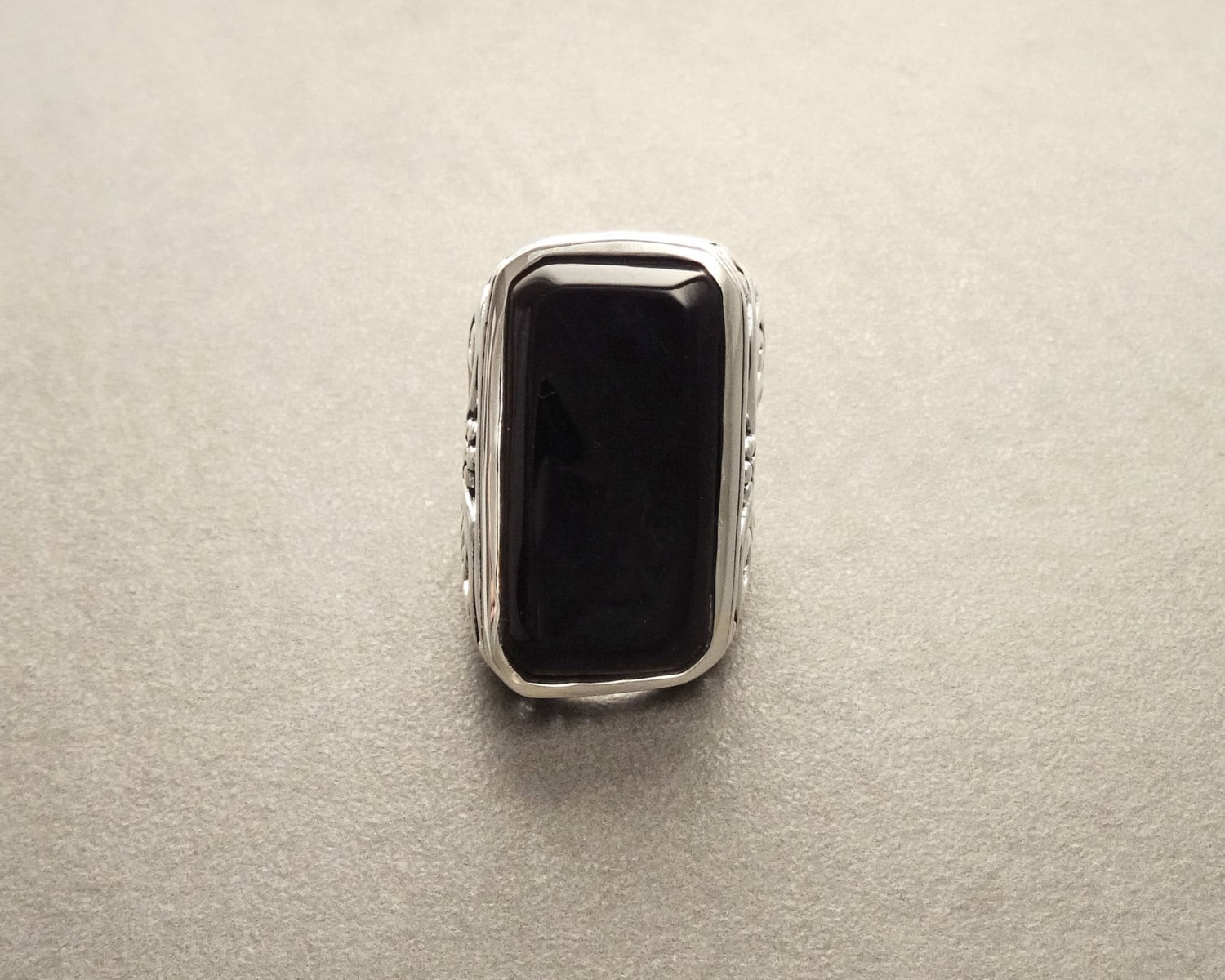 Black Onyx Sterling Silver Ring, Vintage Filigree, Baroque Design