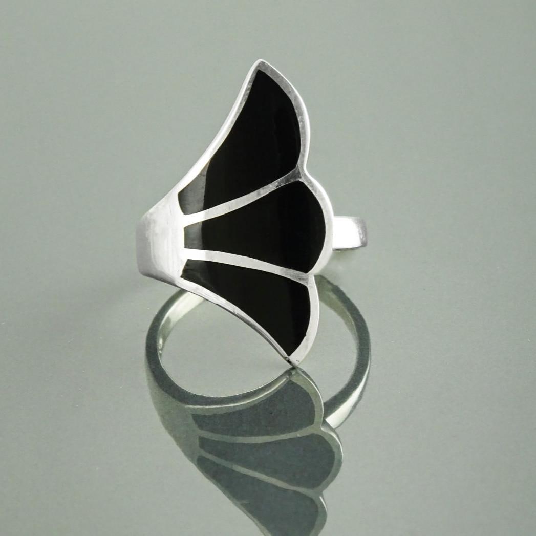 Art Nouveau Sterling Silver Ring, Black Onyx Fanned Wave Band, Designer Jewelry