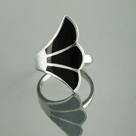Art Nouveau Sterling Silver Ring, Black Onyx Fanned Wave Band, Designer Jewelry