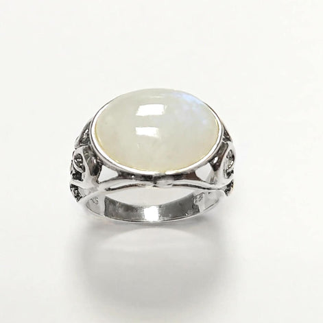 NATURAL Moonstone Ring, 925 Sterling Silver, White Moonstone Oval Domed Stone, Vintage Art Nouveau Design Jewelry, ROMANTIQUE Gift