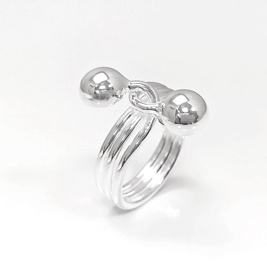 Ball Ring, Sterling Silver, Bypass Half Ring, Cross Balls Crossing Spiral Coiled Ring, Modern Minimalist Geometric Round Designed Jewelry