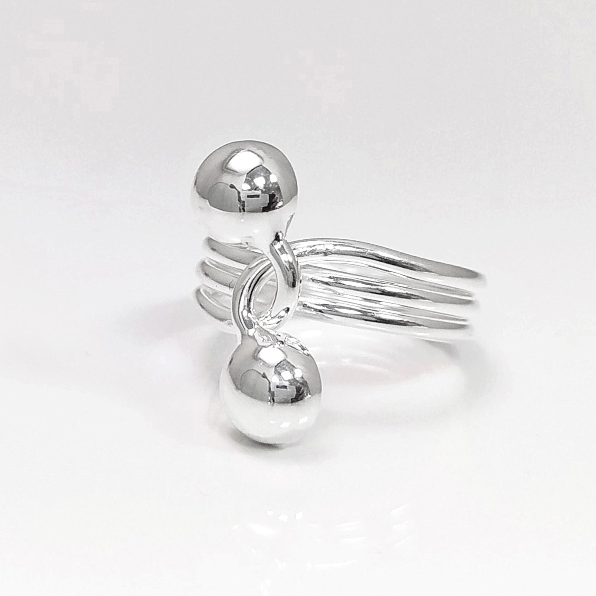 Ball Ring, Sterling Silver, Bypass Half Ring, Cross Balls Crossing Spiral Coiled Ring, Modern Minimalist Geometric Round Designed Jewelry