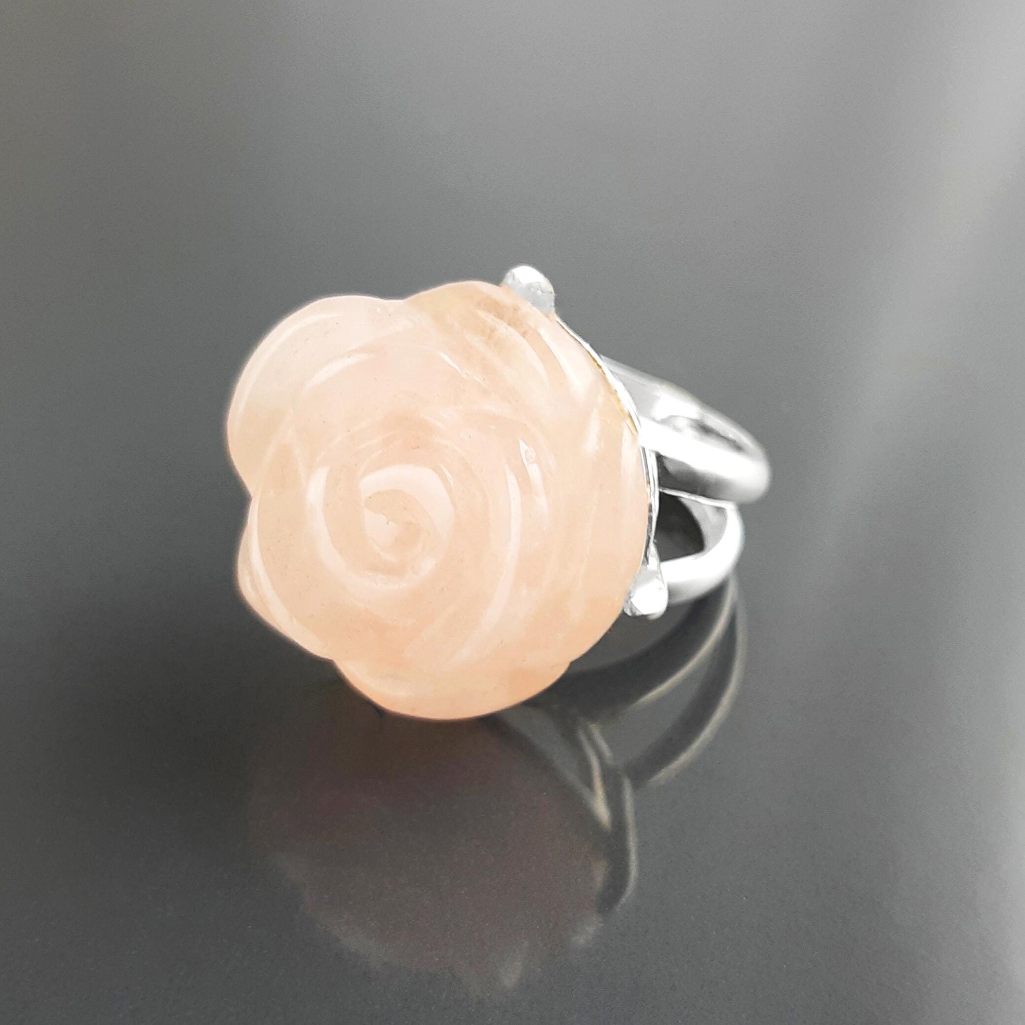 Rose Ring Sterling Silver 925, engraved stone, NATURAL Rose Quartz Gemstone jewelry, Rose flower, Floral design, Birthstone Ring
