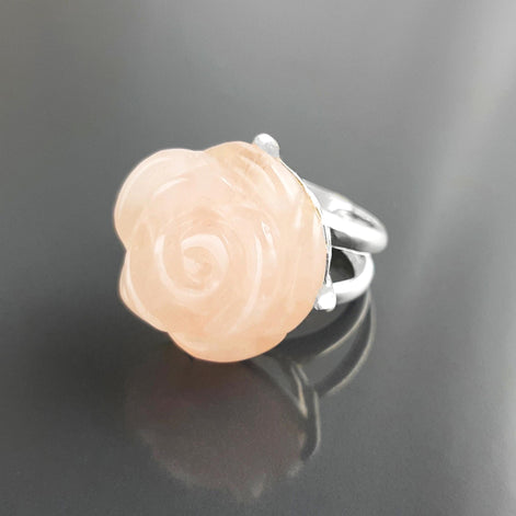 Rose Ring Sterling Silver 925, engraved stone, NATURAL Rose Quartz Gemstone jewelry, Rose flower, Floral design, Birthstone Ring