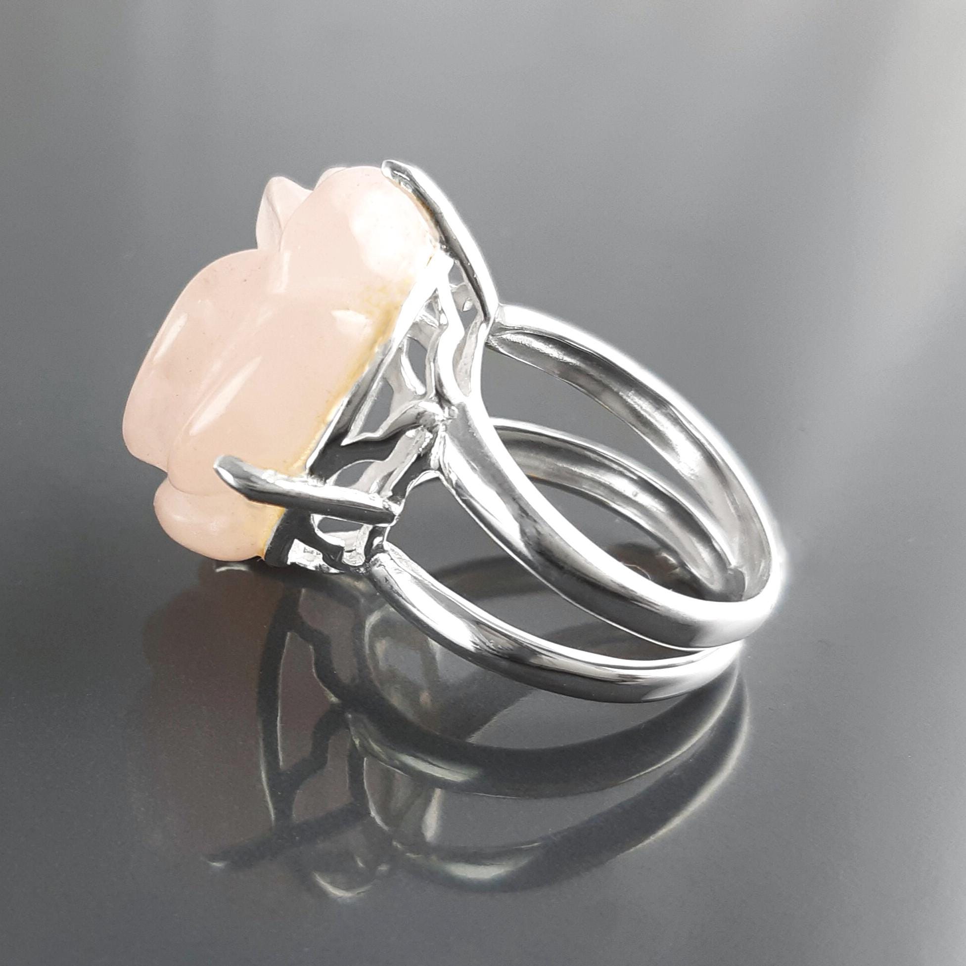 Rose Ring Sterling Silver 925, engraved stone, NATURAL Rose Quartz Gemstone jewelry, Rose flower, Floral design, Birthstone Ring