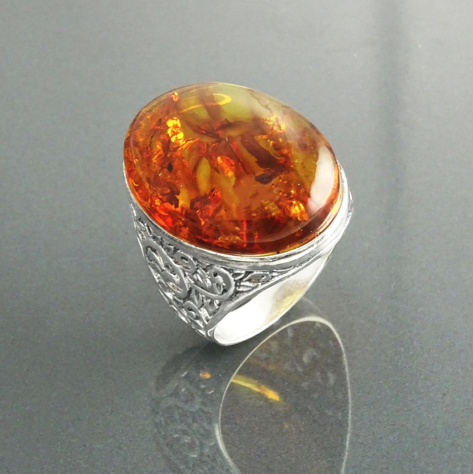 Large Oval Amber Ring (2.5cm) and 925 Silver, Unique Gift for Women