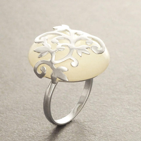 Floral Vine Ring by KRAMIKE • Sterling Silver & Mother of Pearl Stone • Nature-Inspired Design • Unique Look • Elegant Gift for Her • KR131