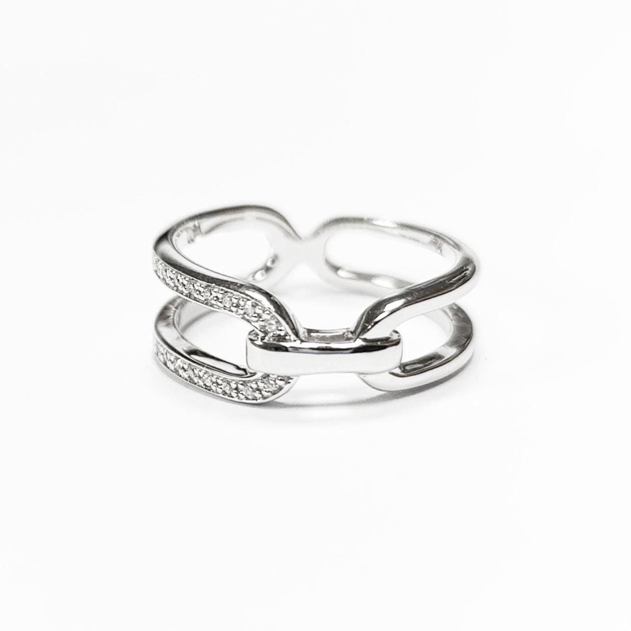 Sterling Silver Double Band Link Ring • Pavé CZ Statement Jewelry