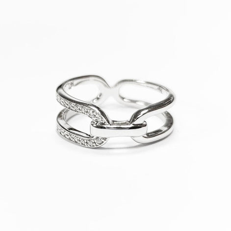 Sterling Silver Double Band Link Ring • Pavé CZ Statement Jewelry