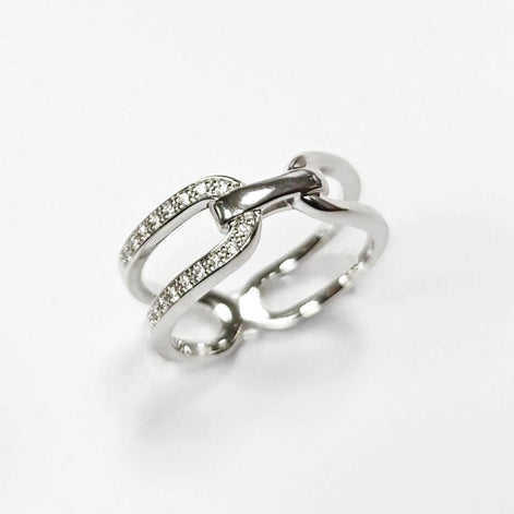 Sterling Silver Double Band Link Ring • Pavé CZ Statement Jewelry