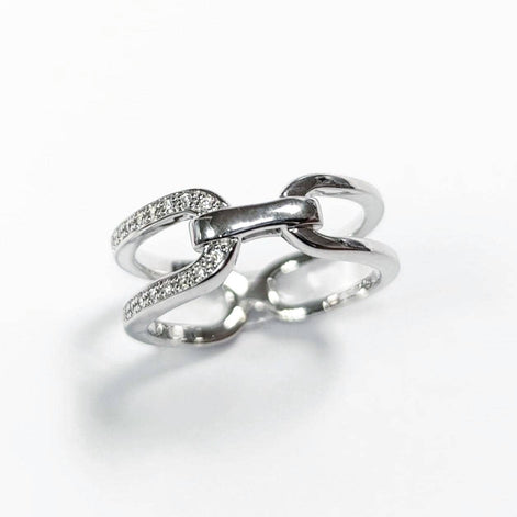 Sterling Silver Double Band Link Ring • Pavé CZ Statement Jewelry