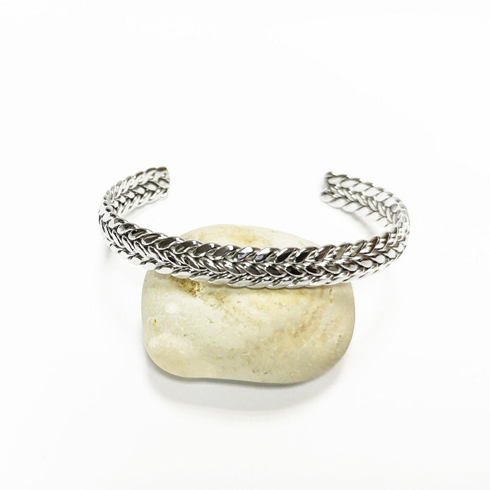 Braided Bangle Bracelet • Stainless Steel • Twisted Rope Open Rigid Cuff • Modern Unisex Jewelry • Light Slim Cuff • Gift for Her or Him