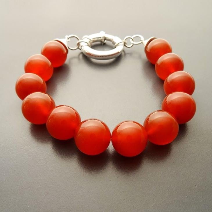 Red Stone Bracelet, Sterling Silver Clasp, Red Agate Stones, Beaded Ball Bracelet, 10 mm diameter balls, Women Round Bracelet.
