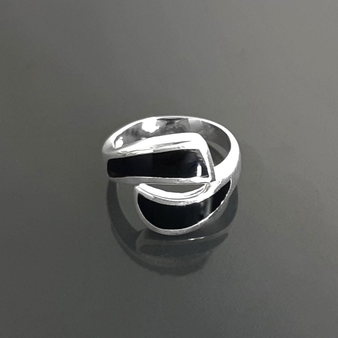 Black Waves Ring, Sterling Silver, Black Onyx Stone Jewelry, Modern Geometric Bypass Curved Comma Wave Design, Inlay Stones