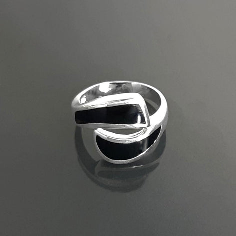 Black Waves Ring, Sterling Silver, Black Onyx Stone Jewelry, Modern Geometric Bypass Curved Comma Wave Design, Inlay Stones