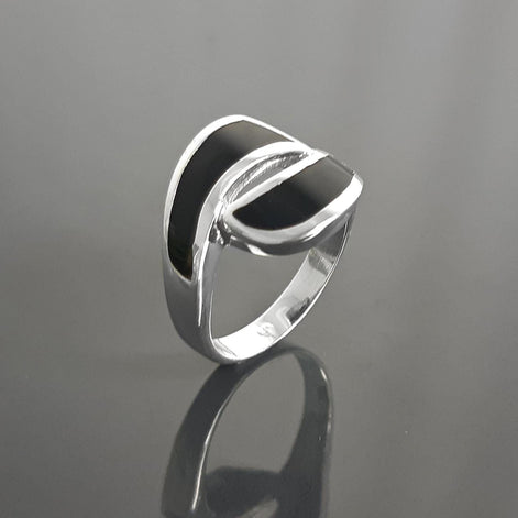Black Waves Ring, Sterling Silver, Black Onyx Stone Jewelry, Modern Geometric Bypass Curved Comma Wave Design, Inlay Stones