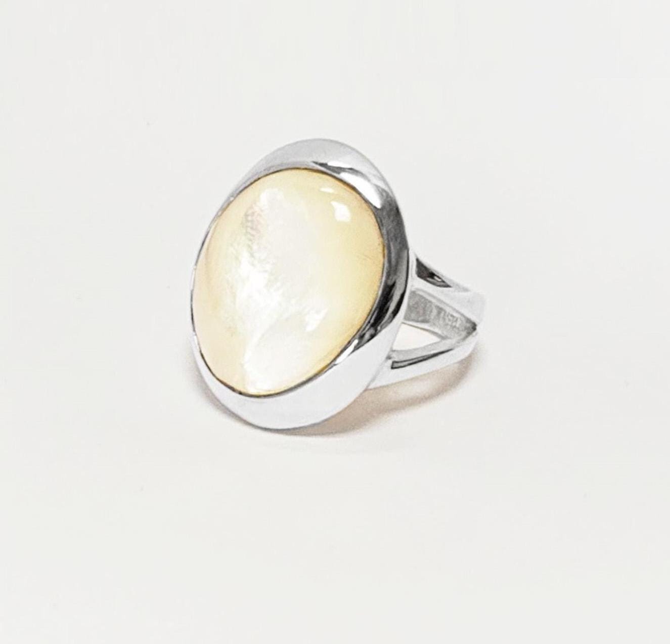 Sterling Silver Ring, White Mother of Pearl, Modern Designer Minimalist Jewelry