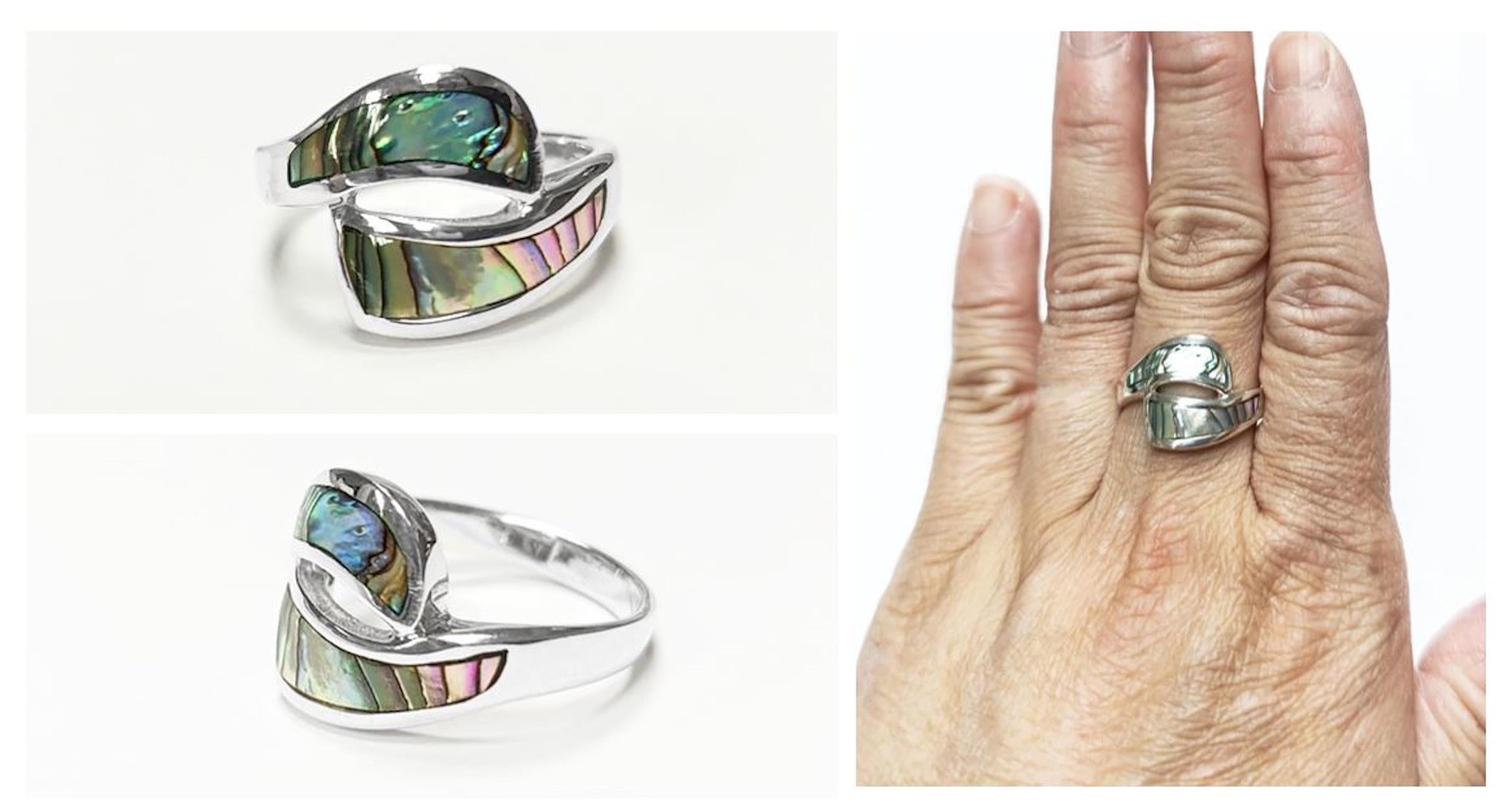 Paua Shell Ring, Sterling Silver Wave Ring, MOP Jewelry