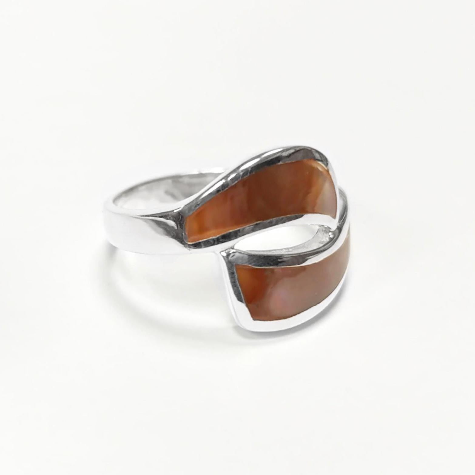 Comma Ring, Sterling Silver, GENUINE Brown Paua Shell, Bypass Popular Dainty Ring, Copper Rainbow Highlights, Geometric Jewelry