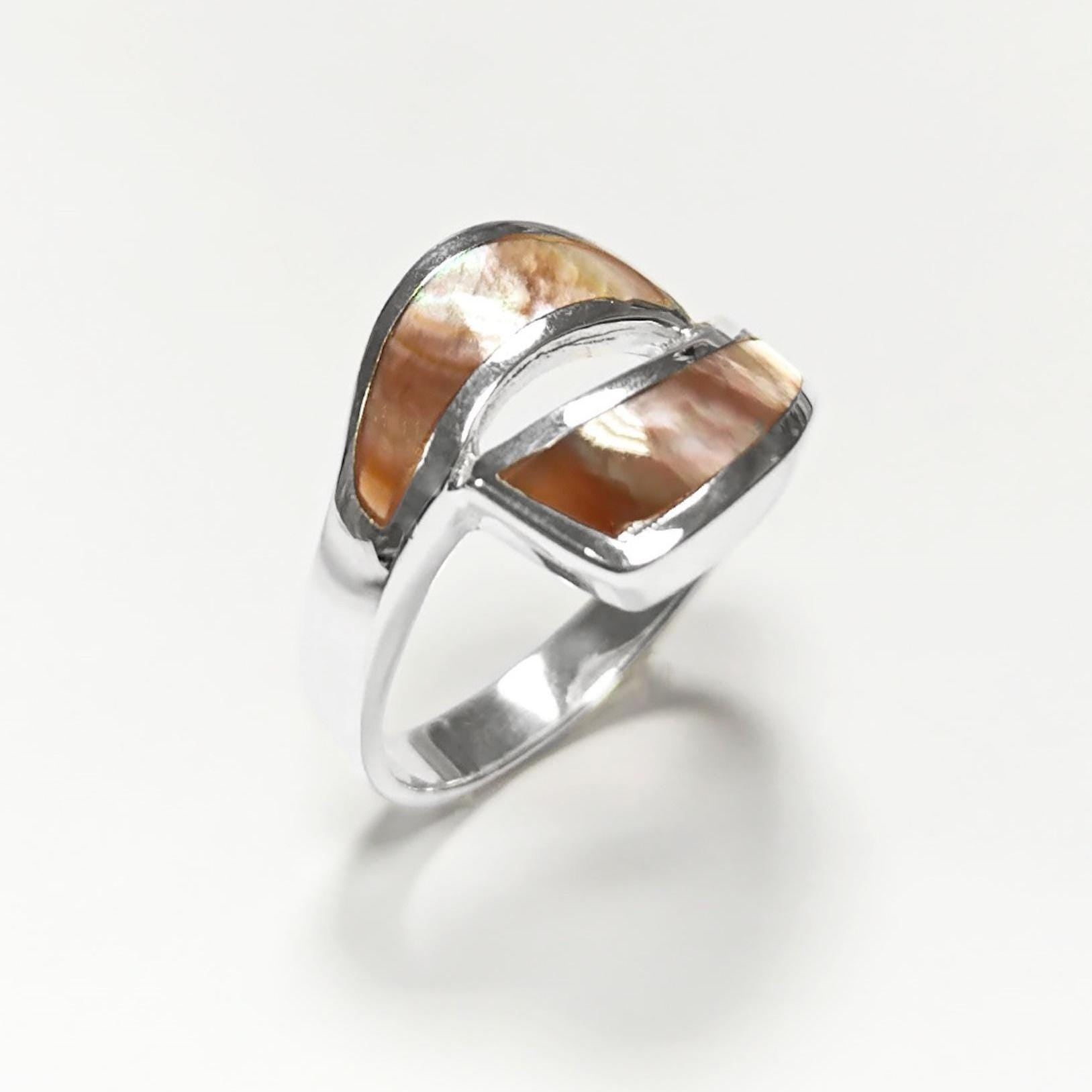Comma Ring, Sterling Silver, GENUINE Brown Paua Shell, Bypass Popular Dainty Ring, Copper Rainbow Highlights, Geometric Jewelry