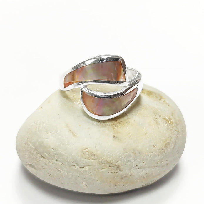 Comma Ring, Sterling Silver, GENUINE Brown Paua Shell, Bypass Popular Dainty Ring, Copper Rainbow Highlights, Geometric Jewelry