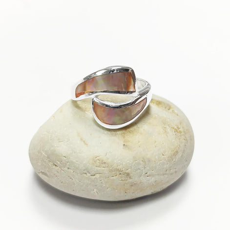 Comma Ring, Sterling Silver, GENUINE Brown Paua Shell, Bypass Popular Dainty Ring, Copper Rainbow Highlights, Geometric Jewelry
